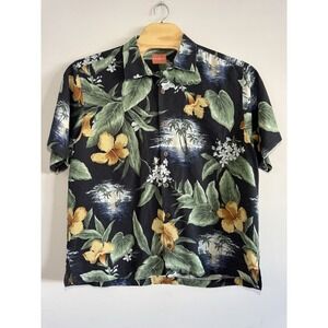 Tommy Bahama Shirt Mens Large/XL Black Floral Vintage 100% Silk Hawaiian Beach